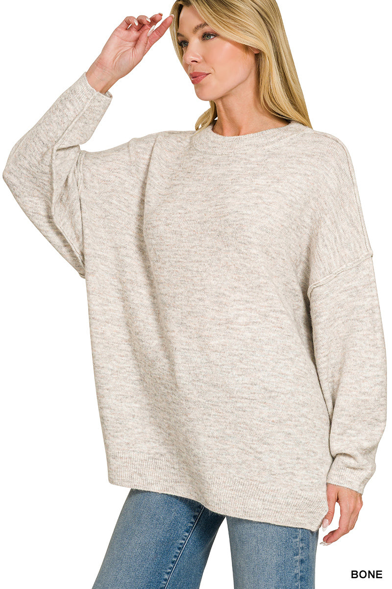Zenana Oversized Round Neck Exposed Seam Melange Sweater