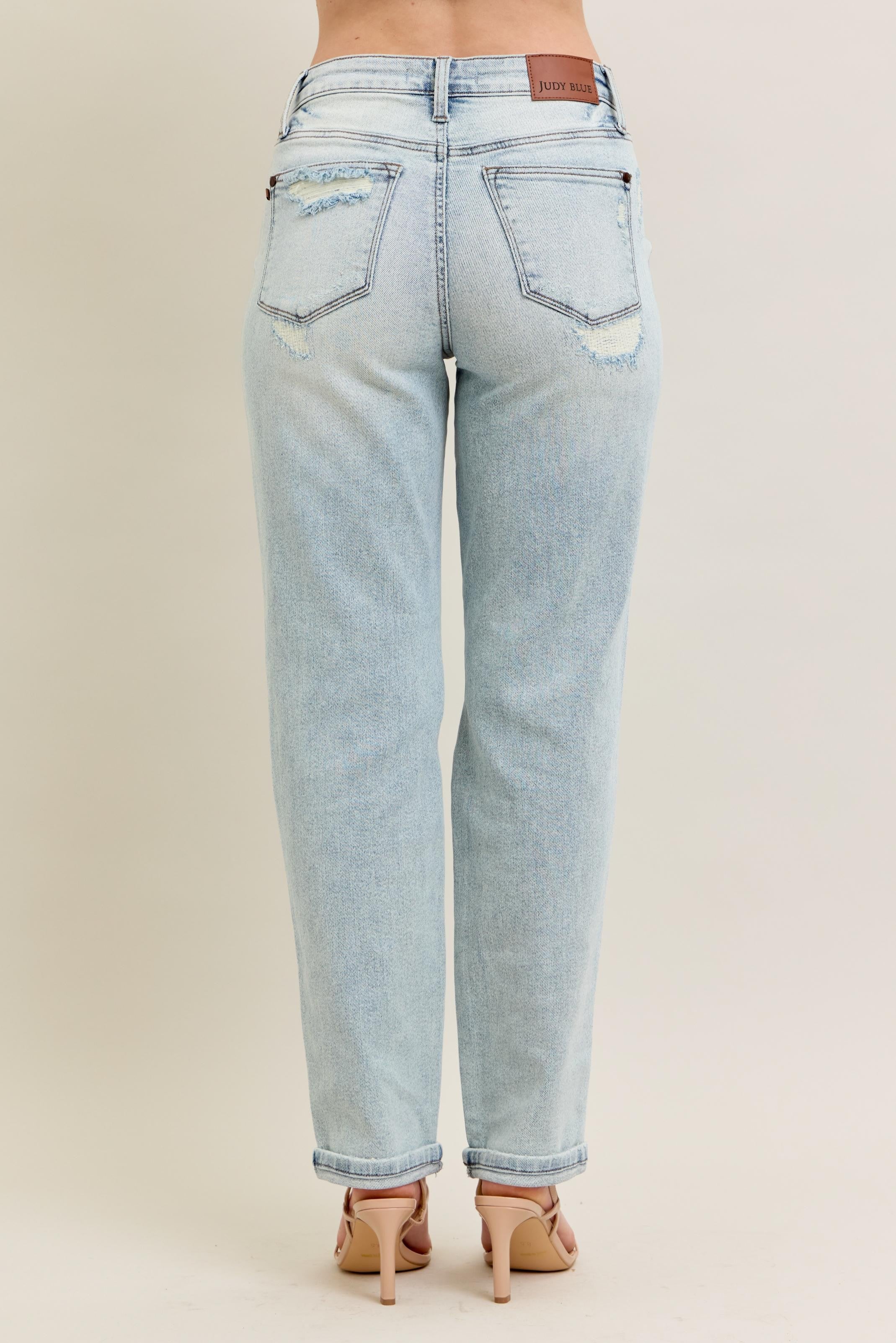Judy Blue Full Size Mr Repair Stitch Detail Destroy Single Cuff Bf Jeans Plus Size