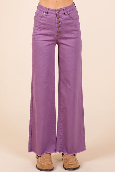 Mittoshop Twill High Waisted Button Fly Wide Leg Pants