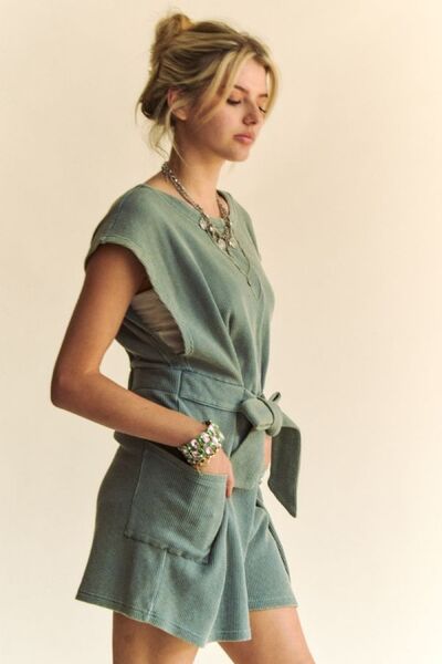 Davi & Dani Acid-Washed Waffle Knit Cuffed Sleeves Romper