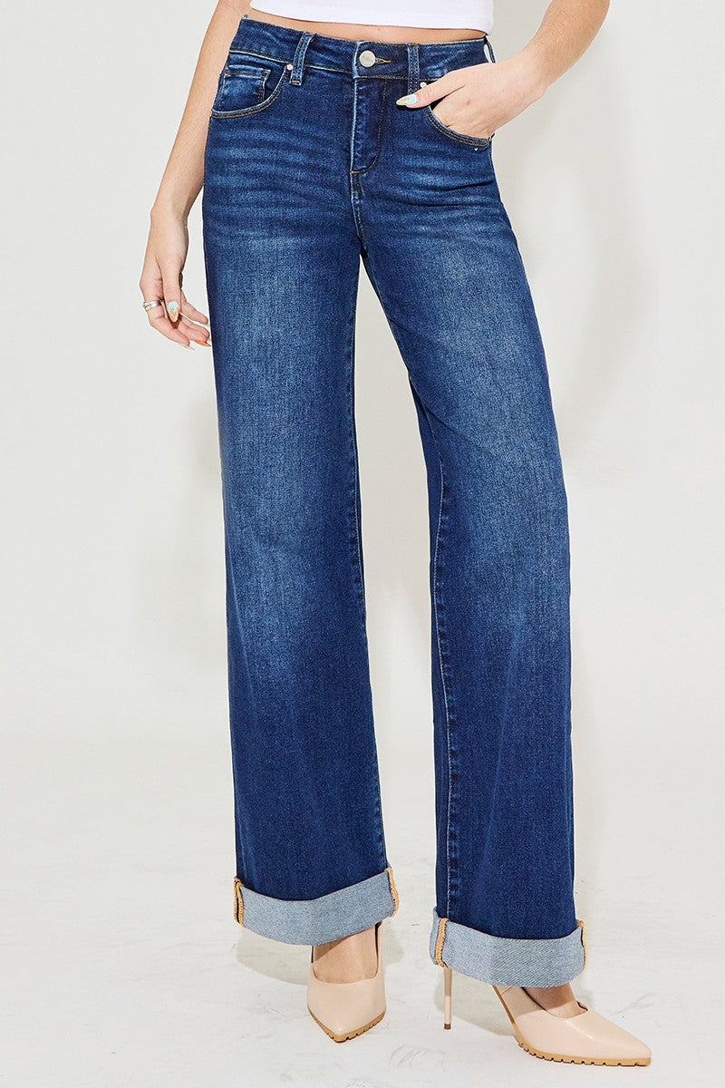 RISEN Full Size Tummy Control High Rise Wide Leg Cuffed Jeans Plus Size