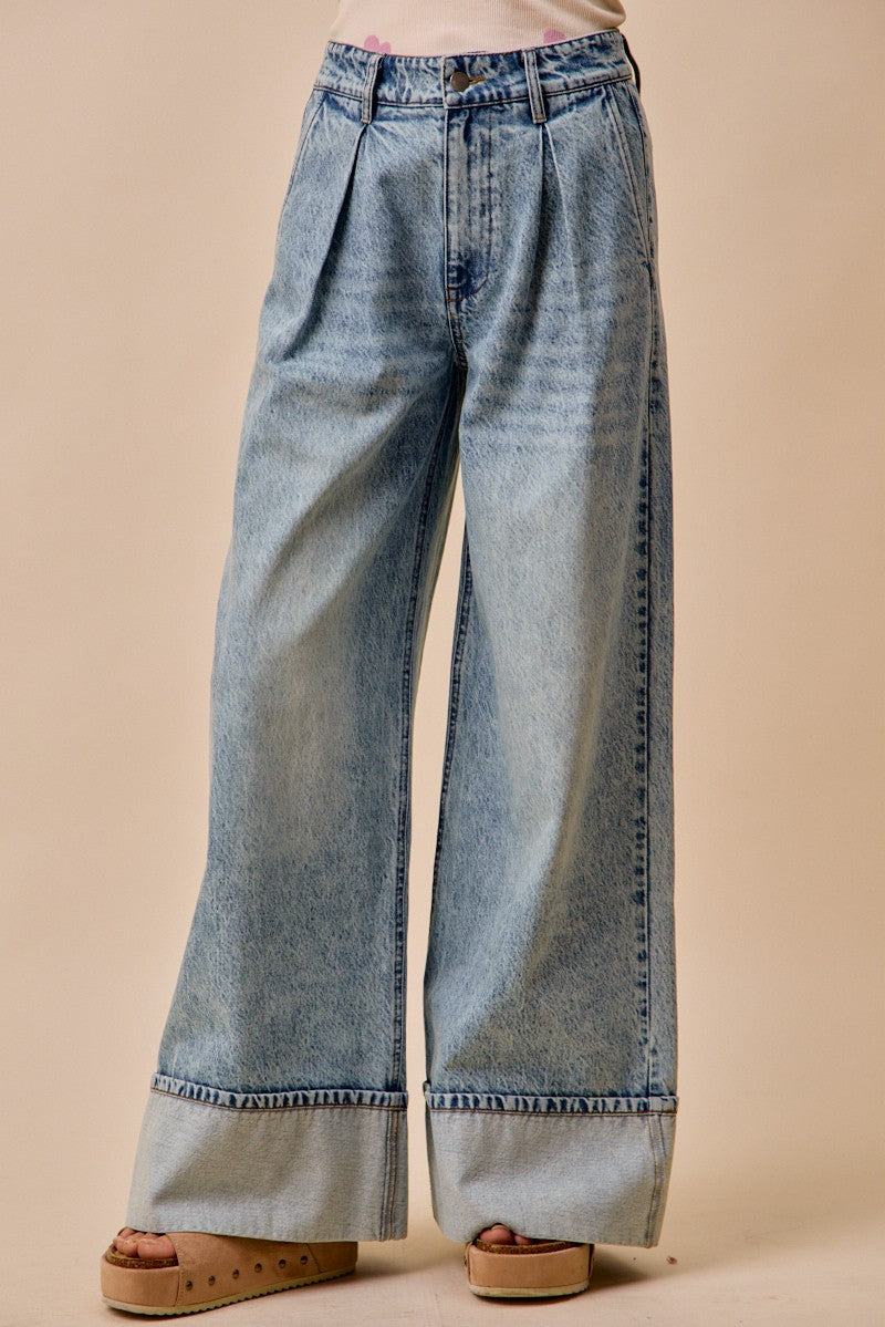 SO ME Mid Rise Plated Wid Leg Denim Jean