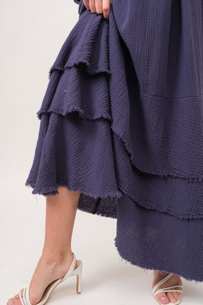 And The Why Washed Cotton Gauze Fringe Detail Tiered Dress