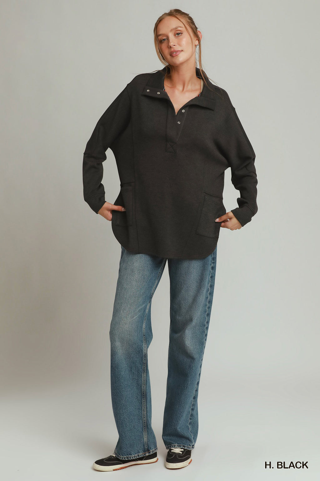 Umgee Half Placket Sweatshirt with Pockets