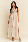 Davi & Dani Multi Contrast Smocked Bodice Straps Maxi Dress