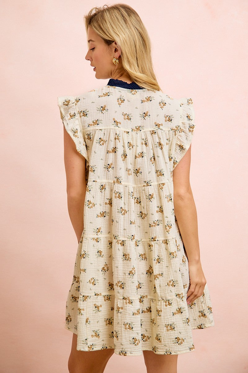BiBi Floral Multi-tierd Dress With Ruffles And Front Tie