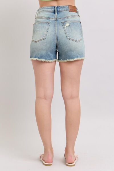 Judy Blue Full Size High Rise Washed Fly Stitch Detail and Destroy Denim Shorts Plus Size