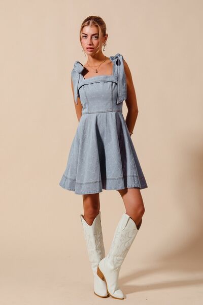 SO ME A Line Fit and Flare Diamond Bow Ribbon Denim Dres