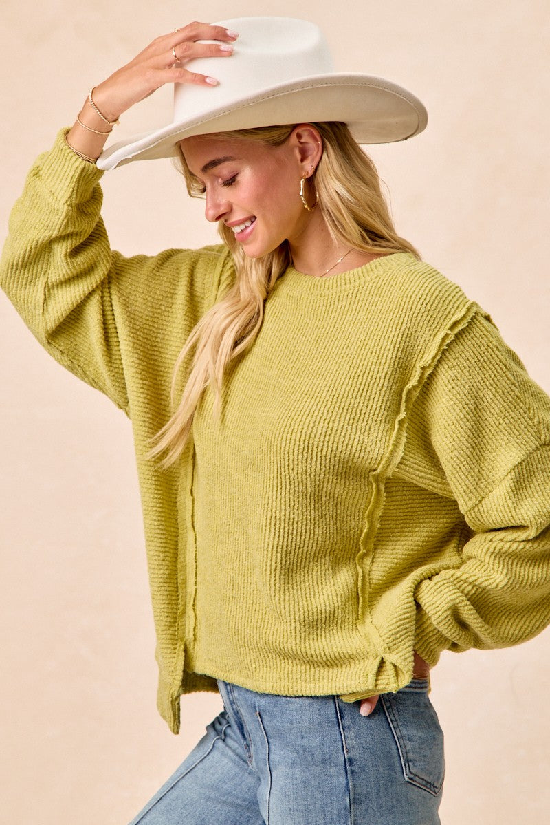 BiBi Boucle Rib Knit Uneven Hem Sweater With Open Seam