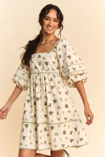 Davi & Dani Cactus Printed Poplin Contrast Piping Mini Dress