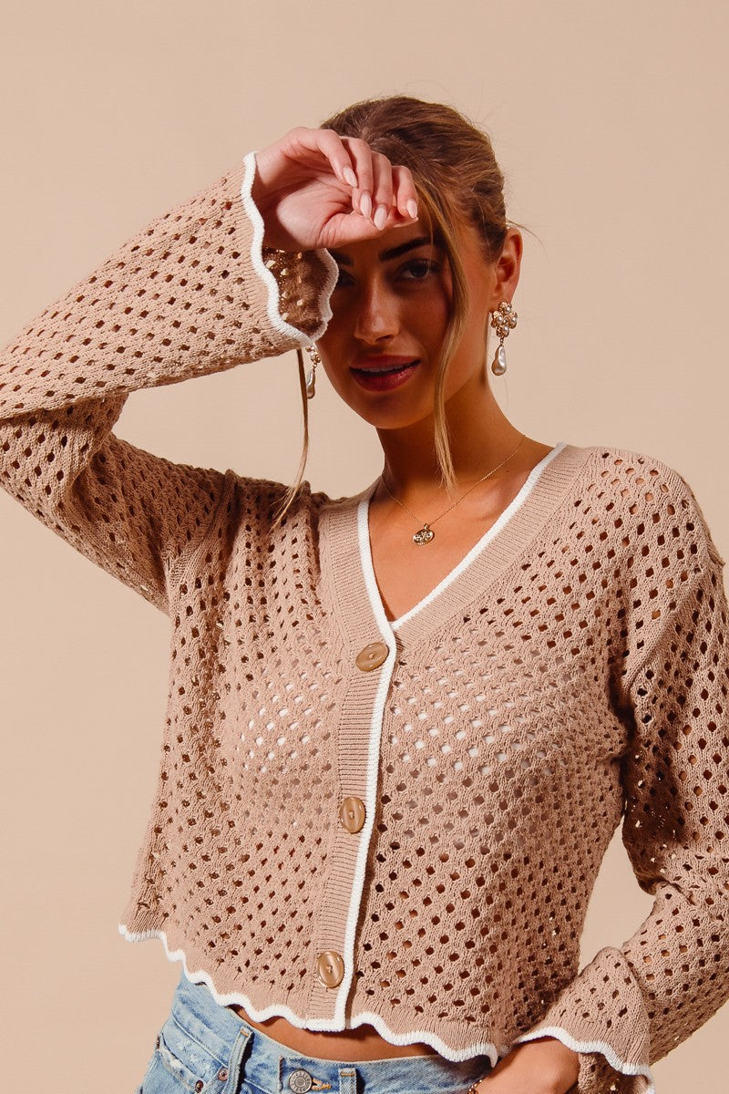 SO ME Open Knit Light Weight Sweater Cardigan With Contrast Wavy Scallop Edge