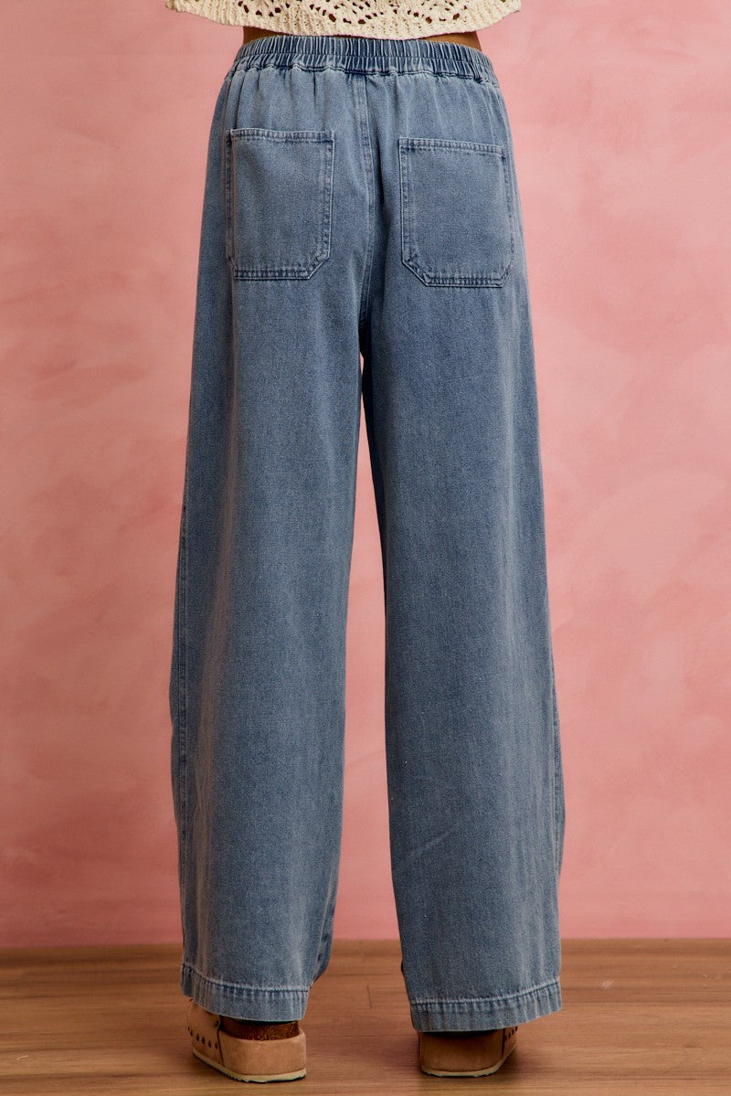 SO ME Mid Rise Ruffled Front Elastic Wide Leg Jeans