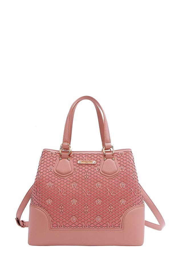 Nicole Lee USA Monogram Pattern Handbag with Rhinestones Decor