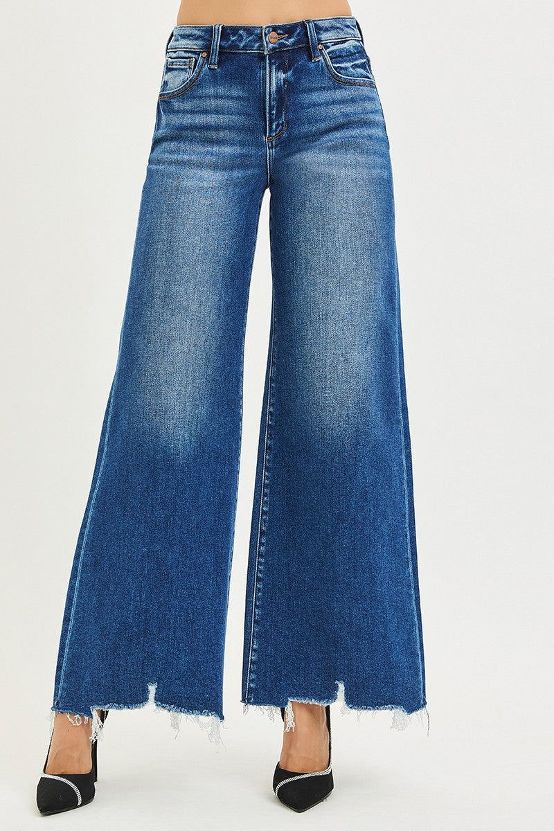 RISEN High Rise Wide Leg Jeans with Distressed Hem