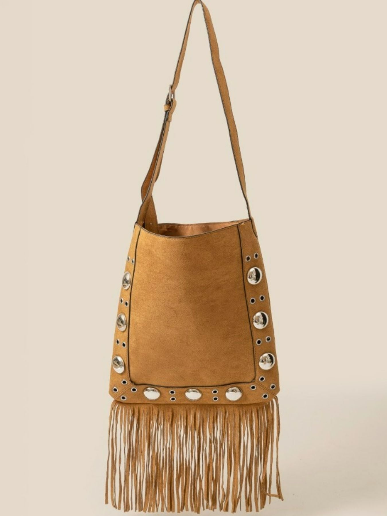 Fame Faux Suede Grommet Accent Fringe Tote Bag