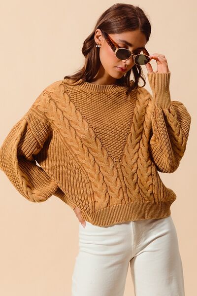 SO ME Mineral Washed Loose Fit Textured Cable Sweater