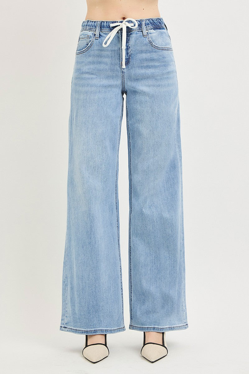 RISEN Elastic Band Slouchy Wide Jeans with Drawstring