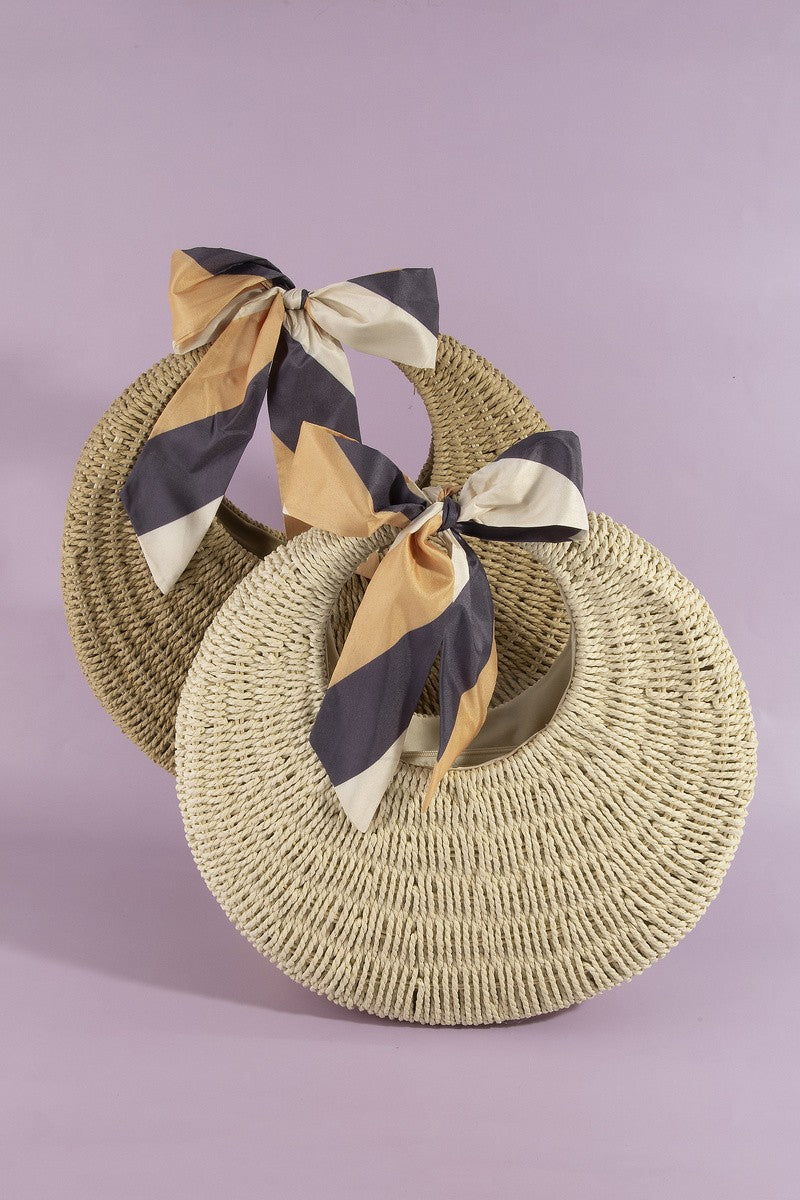 Fame Round Woven Straw Bag With Bow Scarf Accent
