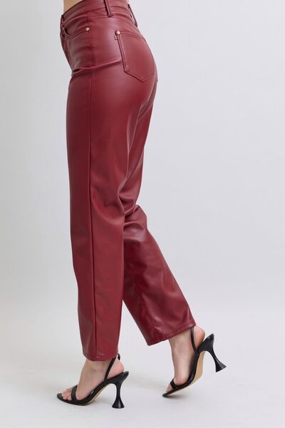 Judy Blue Full Size High Waist Tummy Control Faux Leather Straight Pants Plus Size