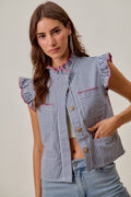 SO ME Stripe Twill Stitch Ruffled Hidden Button Vest Top