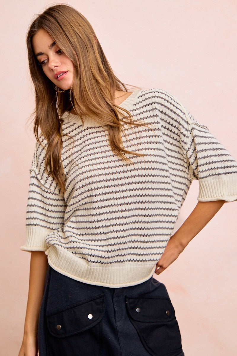 BiBi Stripes Short Sleeves Rib Banded Outseam Knit Top