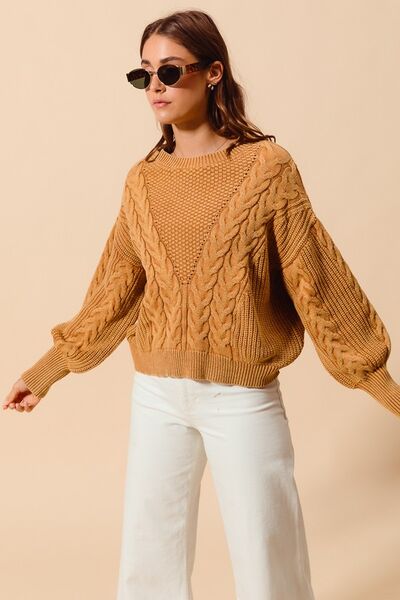 SO ME Mineral Washed Loose Fit Textured Cable Sweater