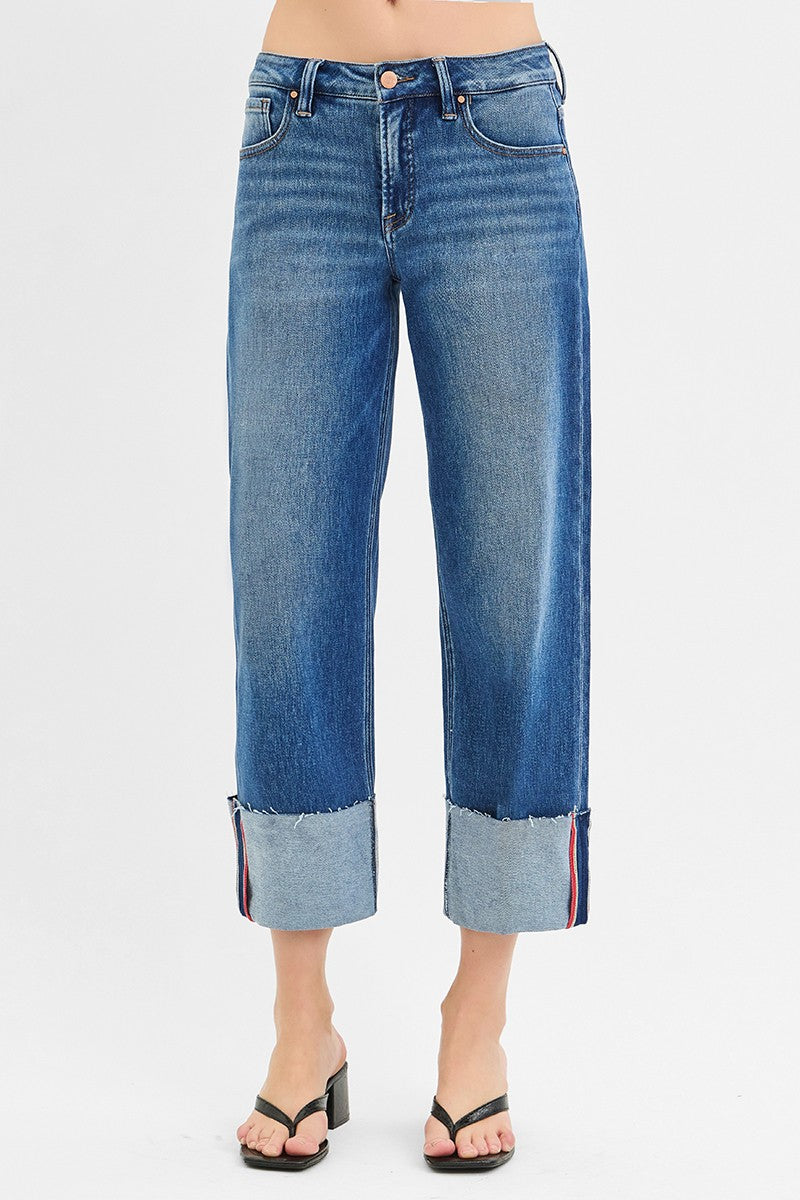 RISEN Full Size Tummy Control Mid Rise Crop Wide Cuffed Jeans Plus Size