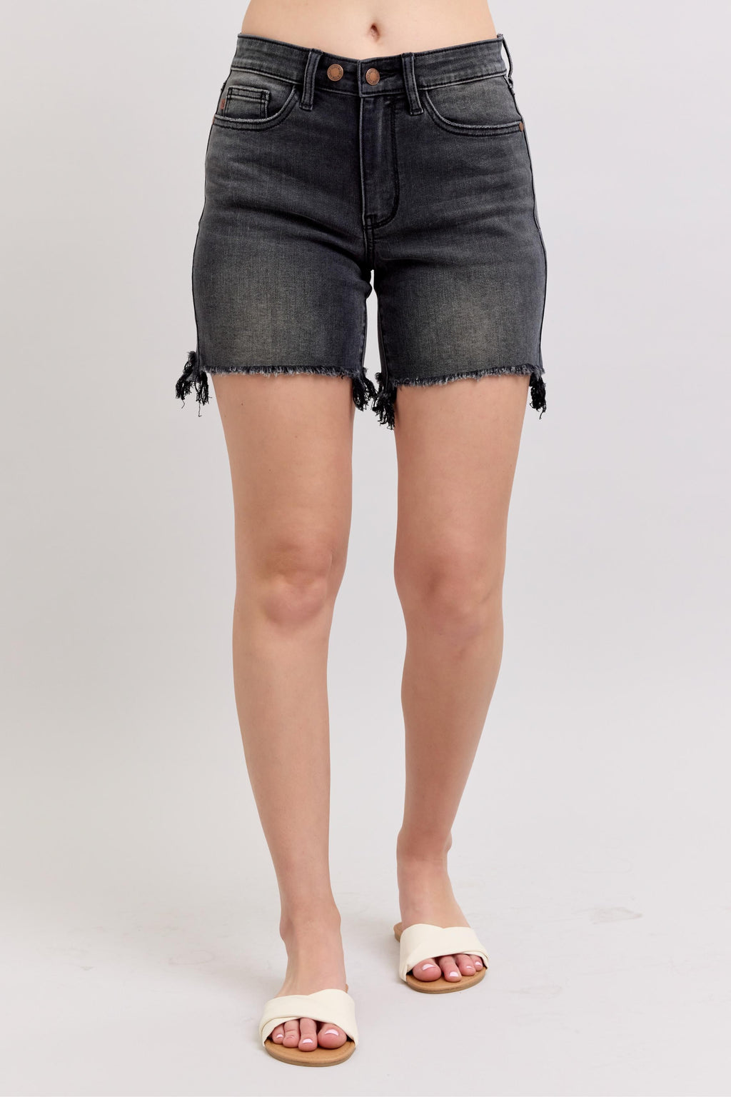 Judy Blue Full Size Long Cut Off 2 Button Dad Denim Shorts Plus Size