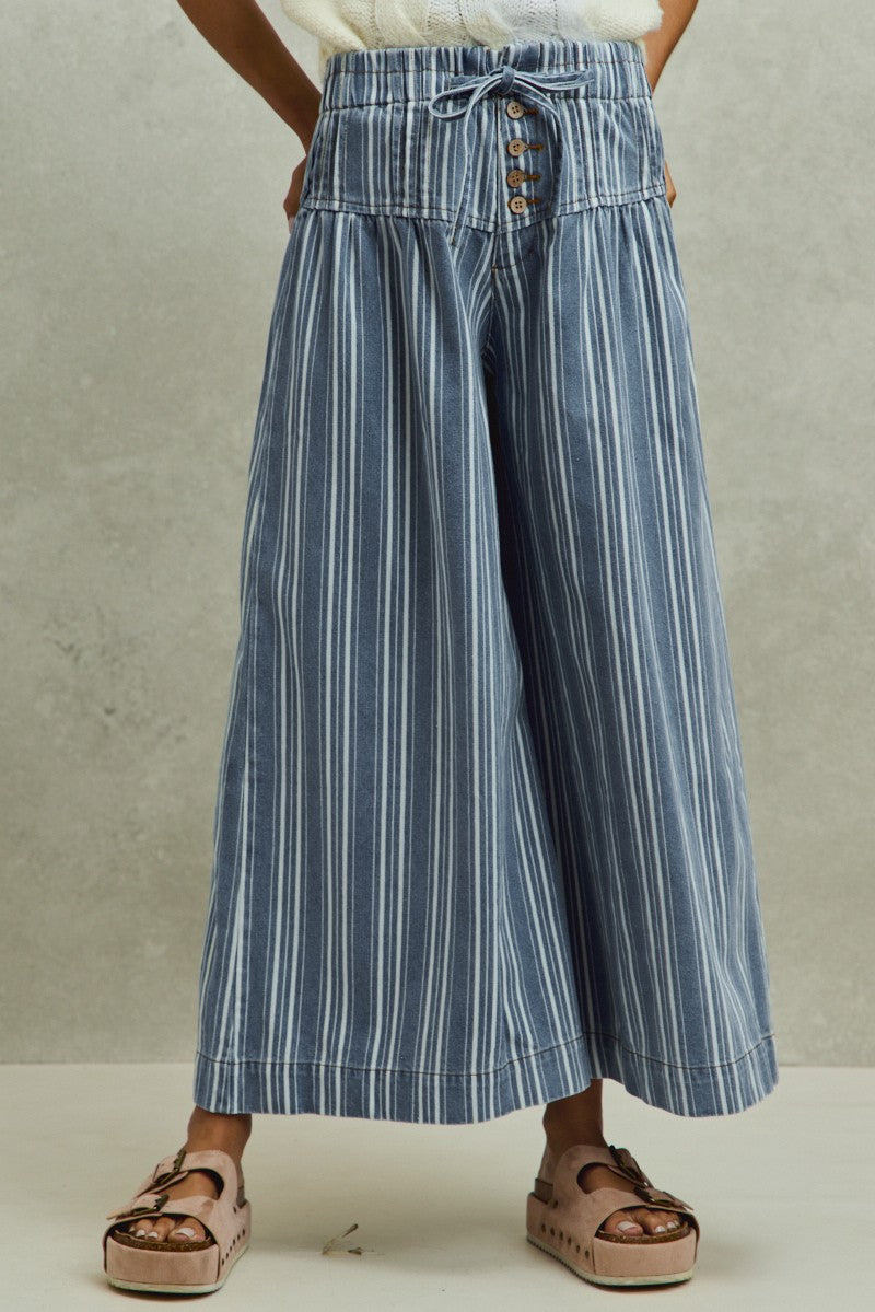 SO ME Mid Rise Stripe Denim Washed Pleat Wide Leg Pants