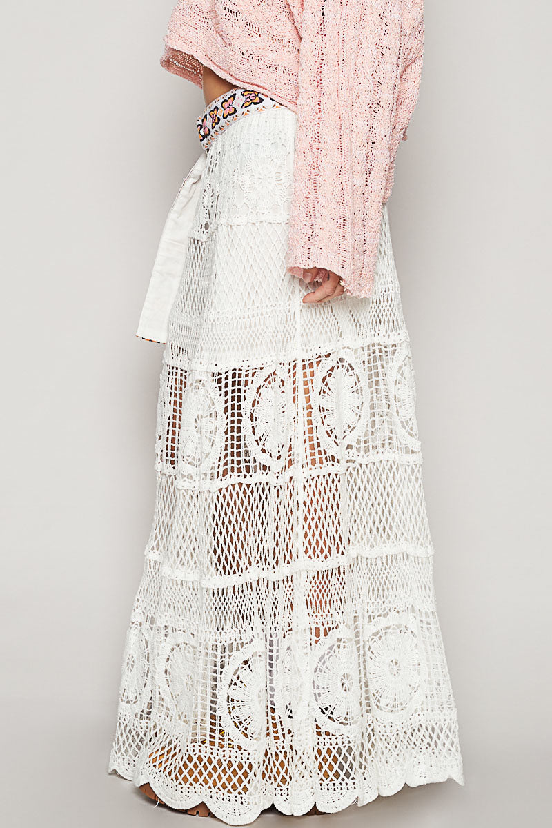 POL Crochet Floral Flared Skirt with Elastic Waist Band