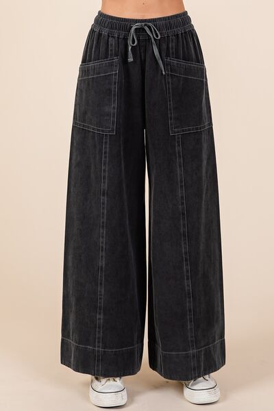 Mittoshop Mineral Wash Wide Leg Elastic Waist Twill Pants