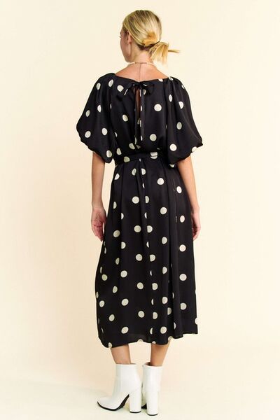 Davi & Dani Polka Dot Puff Sleeves Waist Tie Midi Dress