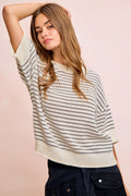 BiBi Stripes Short Sleeves Rib Banded Outseam Knit Top