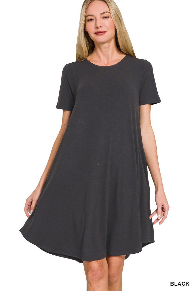 Zenana Short Sleeve Round Hem A-Line Dress with Side Pockets