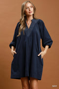 Umgee Corduroy V-Neck Puff Sleeve Shift Dress with Pockets