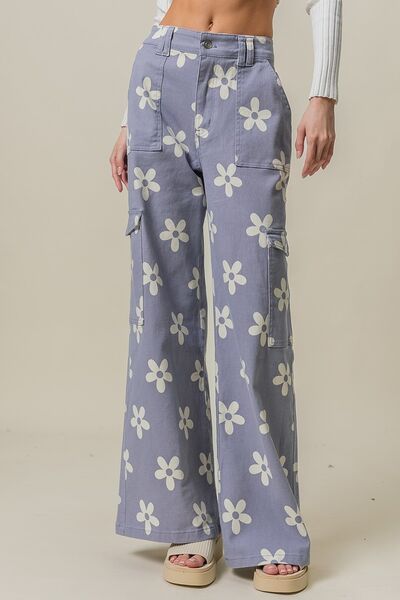 BiBi Flower Printed Side Pocket Wide Pants