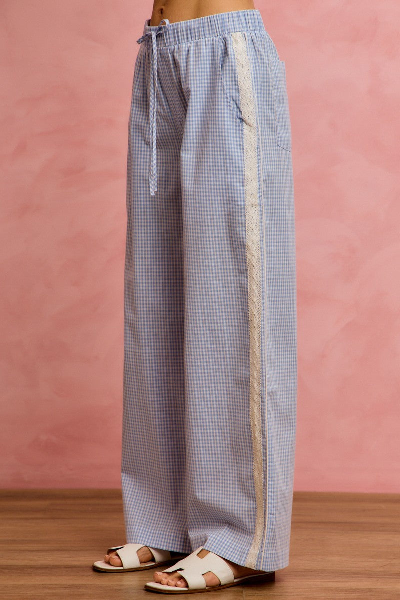 SO ME Wide Check  Pants With Side Lace Trim And Piping