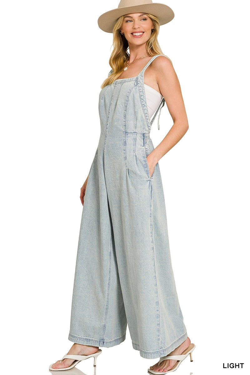 Zenana Denim Light Washed Wide Leg Overalls