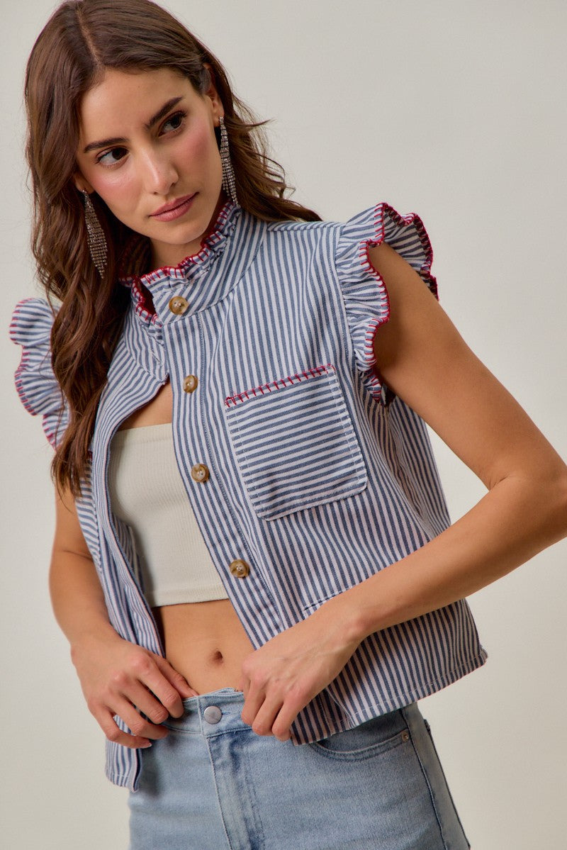 SO ME Stripe Twill Stitch Ruffled Hidden Button Vest Top