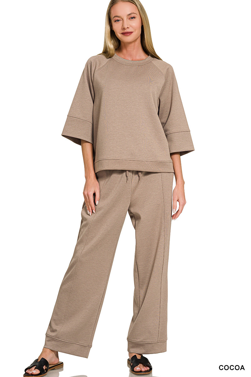 Zenana Scuba 3/4 Sleeve Pullover & Pants Set