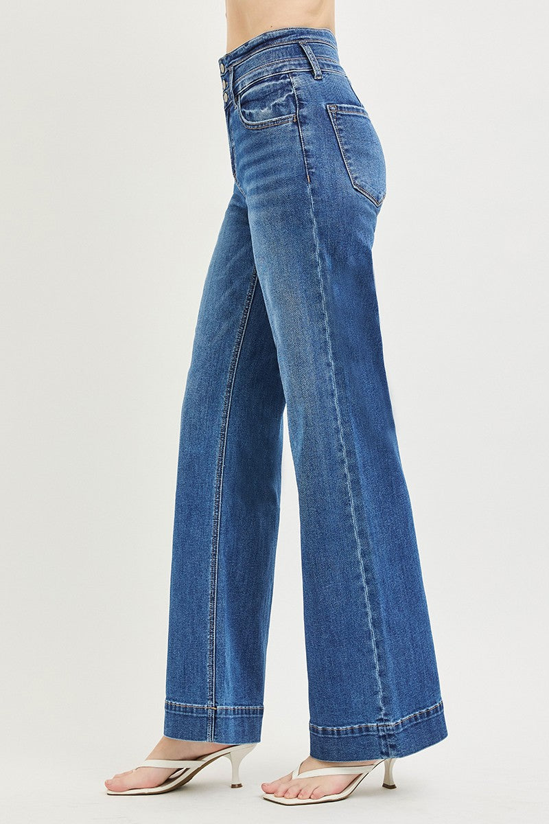 RISEN High Rise Wide Leg Wide Band Detail Jeans
