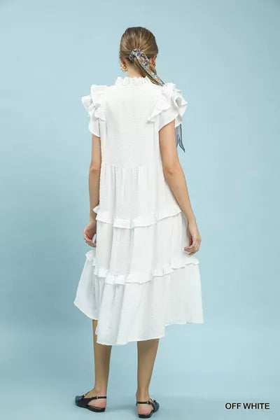 Umgee Textured Ruffle Sleeve Tiered Midi Dress