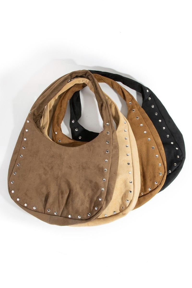 Fame Faux Suede Studded Trim Hobo Bag