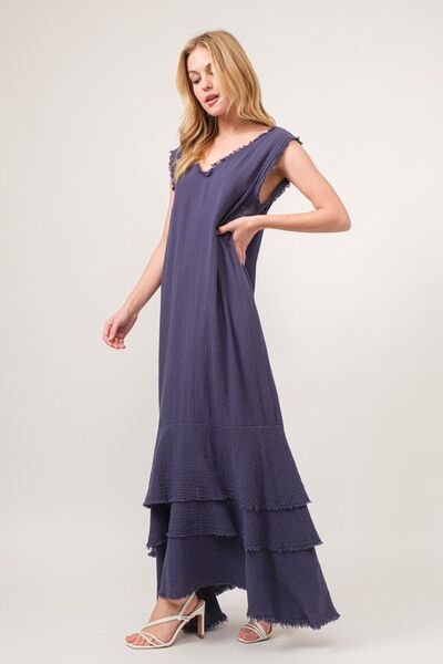 And The Why Washed Cotton Gauze Fringe Detail Tiered Dress