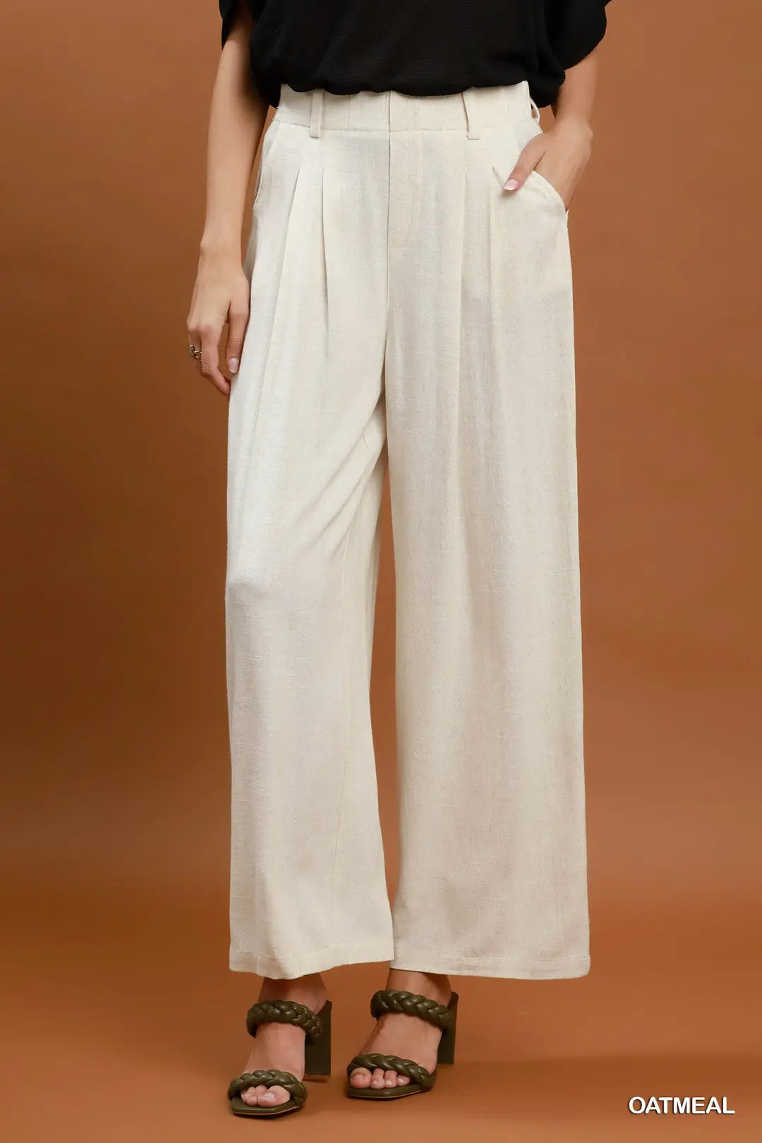 Umgee High Waist Linen Blend Wide Leg Trousers