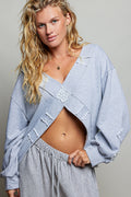 POL Exposed Outseam Crochet Patch V-Neck Sweatshirt with Open Wrap-Style Design
