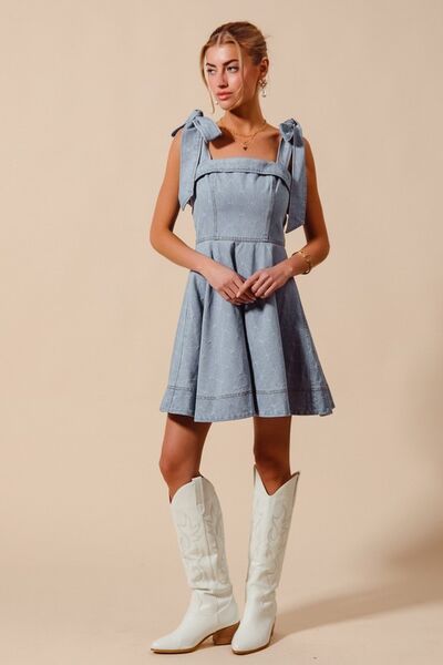 SO ME A Line Fit and Flare Diamond Bow Ribbon Denim Dres