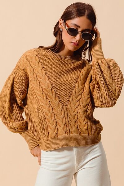 SO ME Mineral Washed Loose Fit Textured Cable Sweater
