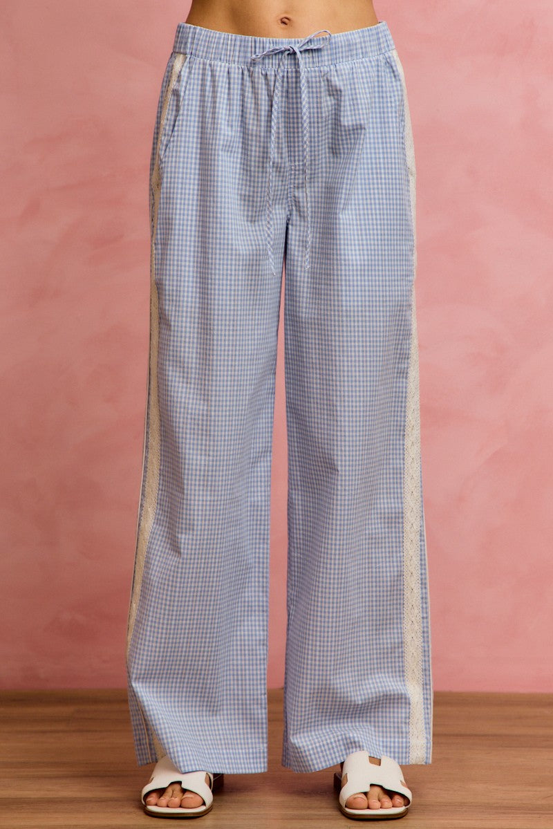 SO ME Wide Check  Pants With Side Lace Trim And Piping
